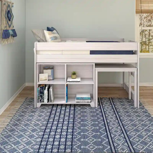 Farmhouse Twin-Size Low Loft with 4-Shelf Bookcase and Desk