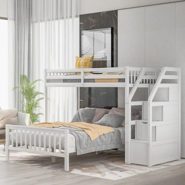 Twin Over Full Loft Beds, Bunk Beds Twin Over Full with Stairway and Storage, Full-Length Guardrail