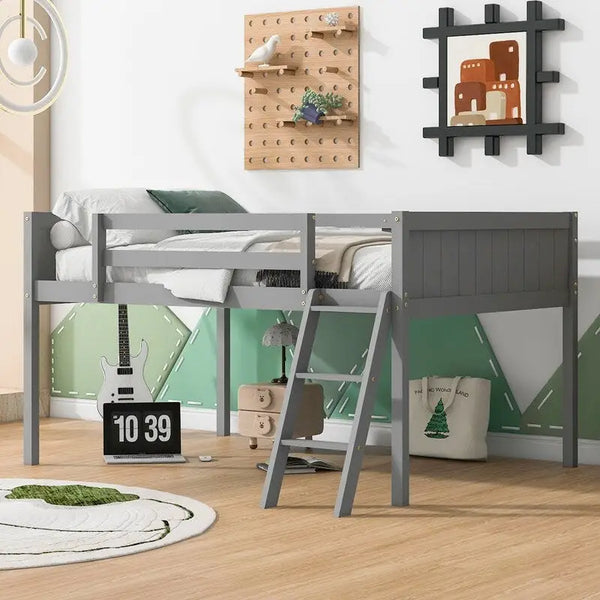Full Size Wood Low Loft Bed with Ladder,ladder can be placed on the left or right