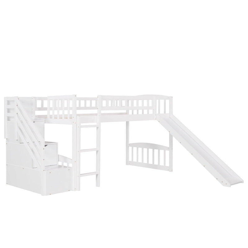 Lit mezzanine double avec escalier, deux tiroirs et toboggan