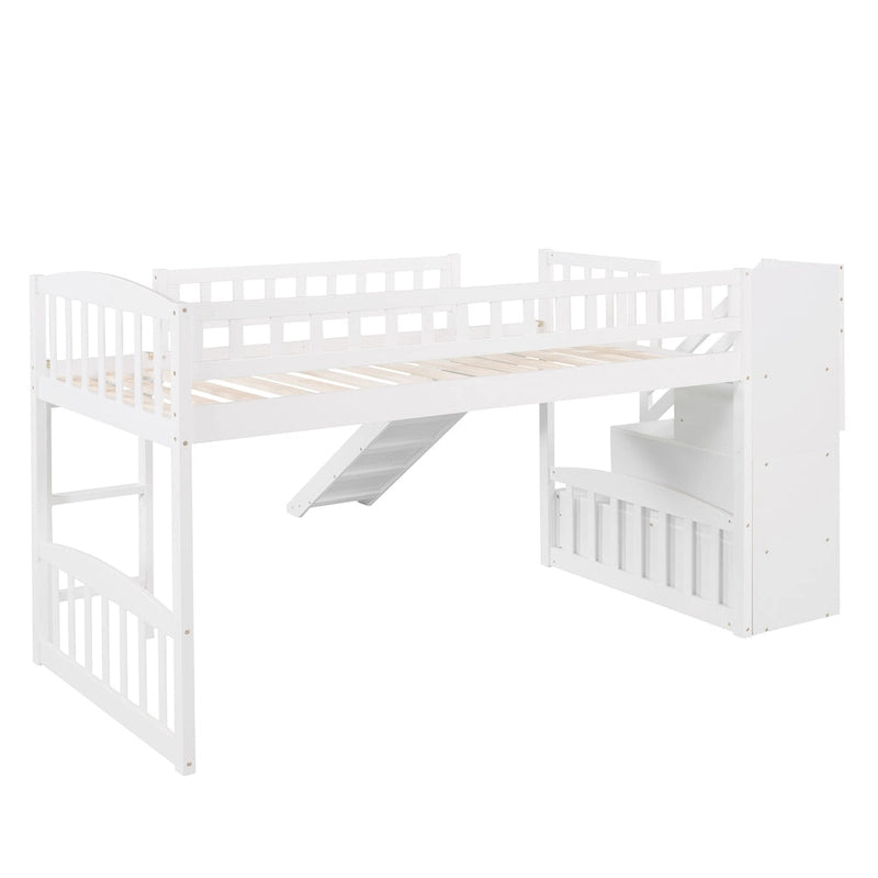 Lit mezzanine double avec escalier, deux tiroirs et toboggan