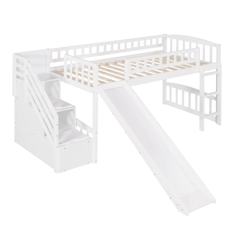 Lit mezzanine double avec escalier, deux tiroirs et toboggan