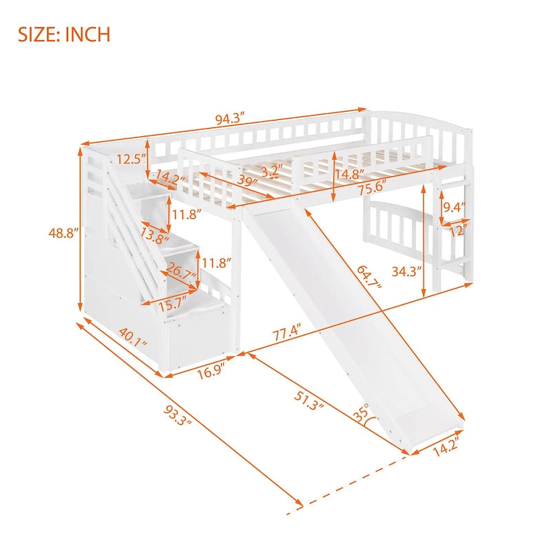 Lit mezzanine double avec escalier, deux tiroirs et toboggan