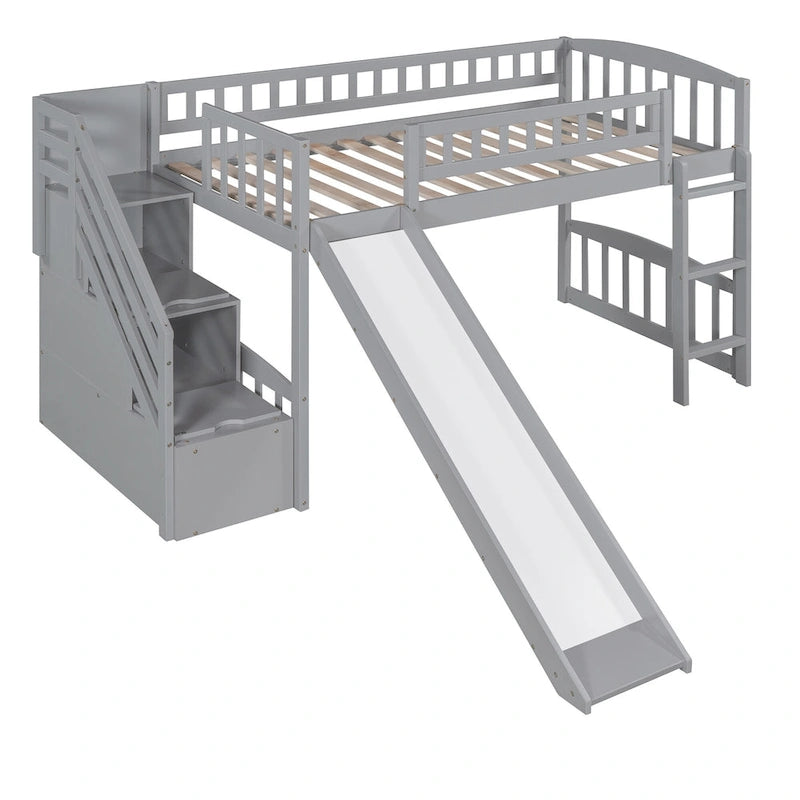 Lit mezzanine double avec escalier, deux tiroirs et toboggan