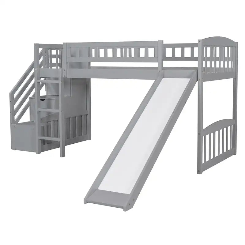 Lit mezzanine double avec escalier, deux tiroirs et toboggan