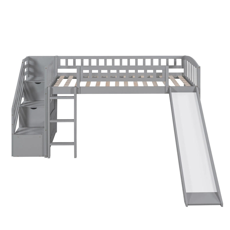 Lit mezzanine double avec escalier, deux tiroirs et toboggan