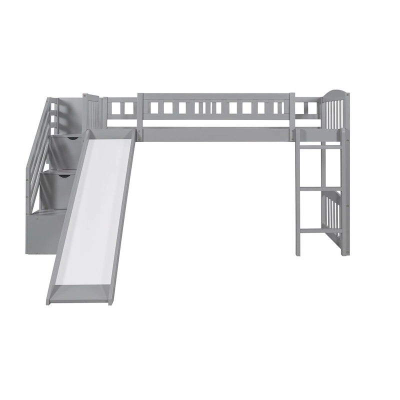 Lit mezzanine double avec escalier, deux tiroirs et toboggan