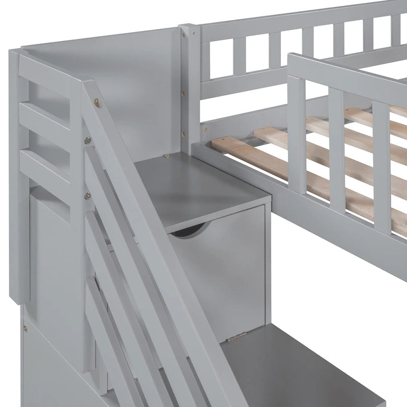 Lit mezzanine double avec escalier, deux tiroirs et toboggan