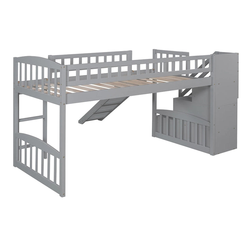 Lit mezzanine double avec escalier, deux tiroirs et toboggan