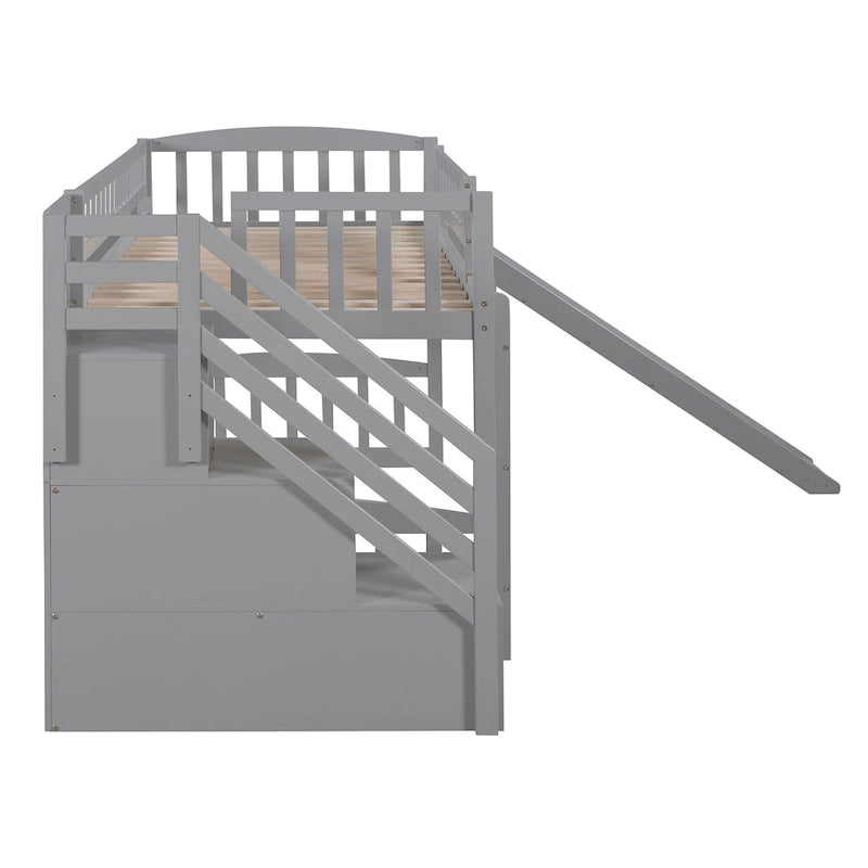 Lit mezzanine double avec escalier, deux tiroirs et toboggan
