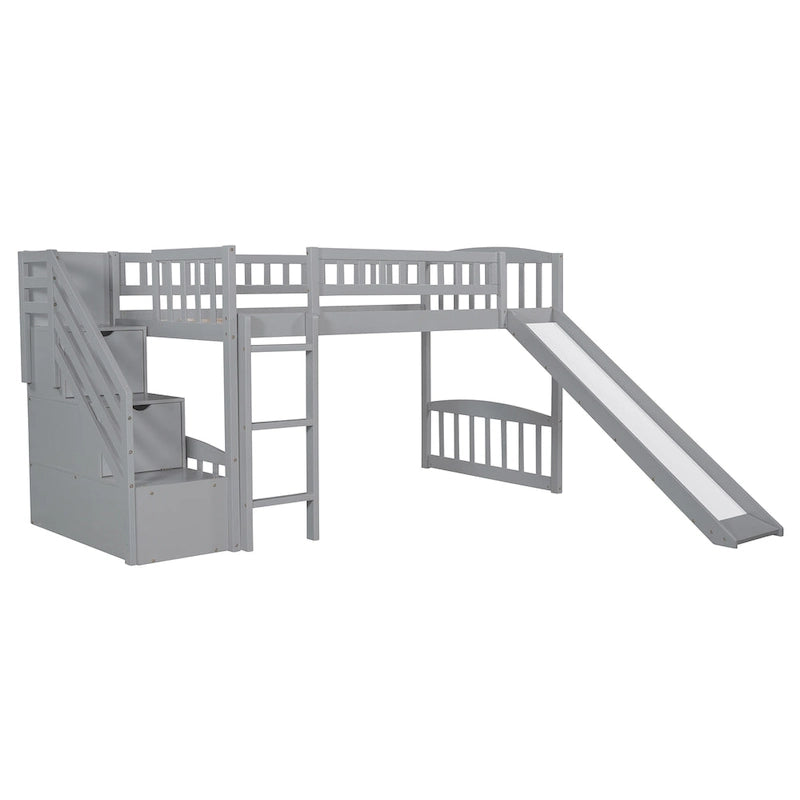 Lit mezzanine double avec escalier, deux tiroirs et toboggan