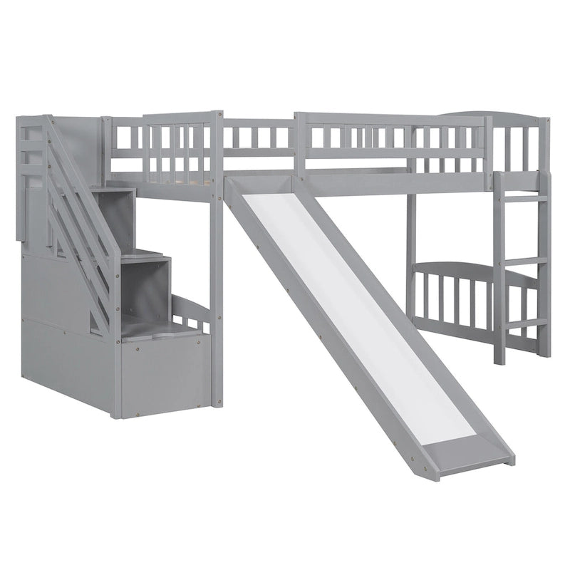 Lit mezzanine double avec escalier, deux tiroirs et toboggan