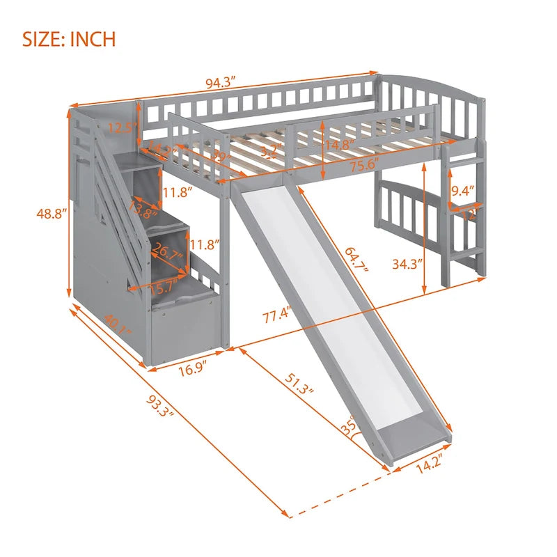 Lit mezzanine double avec escalier, deux tiroirs et toboggan