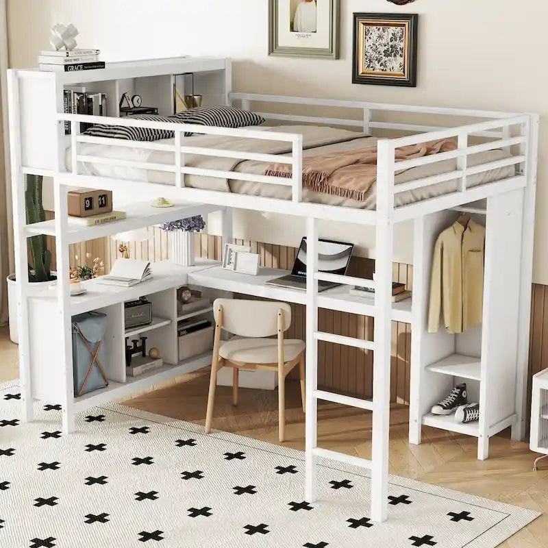 Lit mezzanine en métal avec armoire et bureau en L