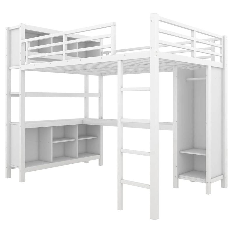 Lit mezzanine en métal avec armoire et bureau en L