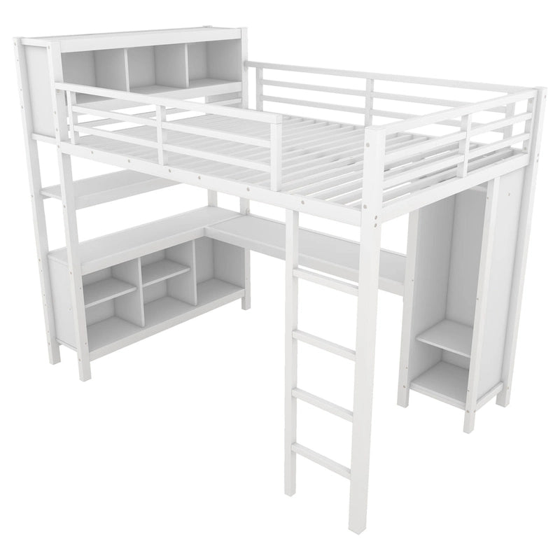 Lit mezzanine en métal avec armoire et bureau en L