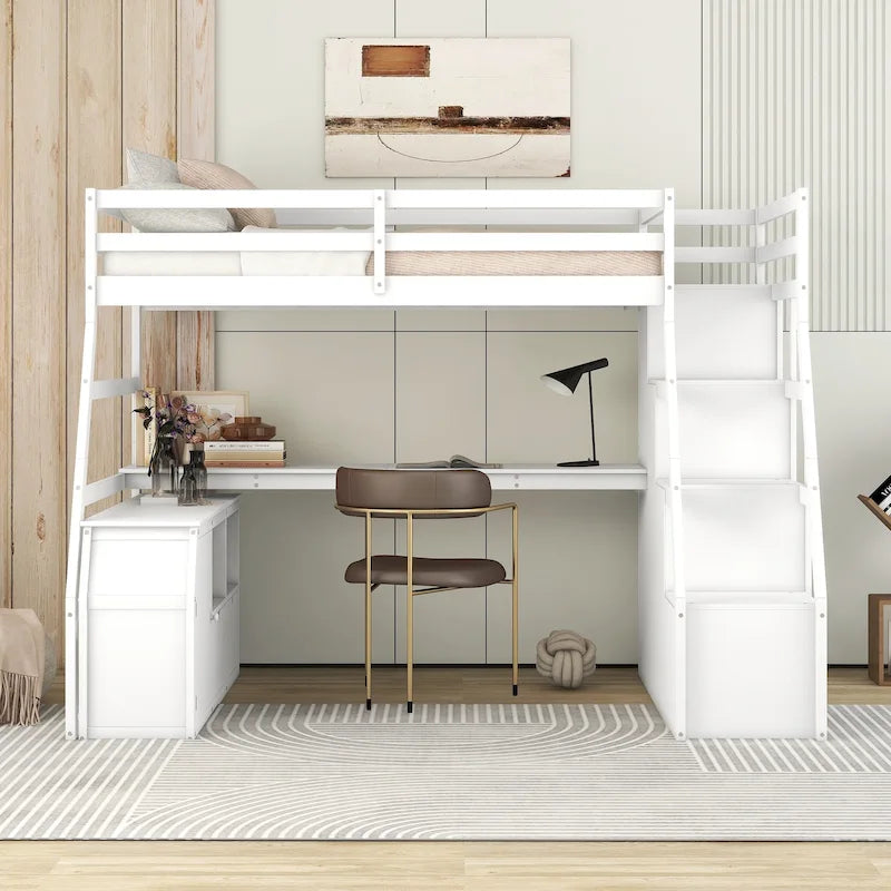 Lit mezzanine une place avec 7 tiroirs, 2 étagères et bureau