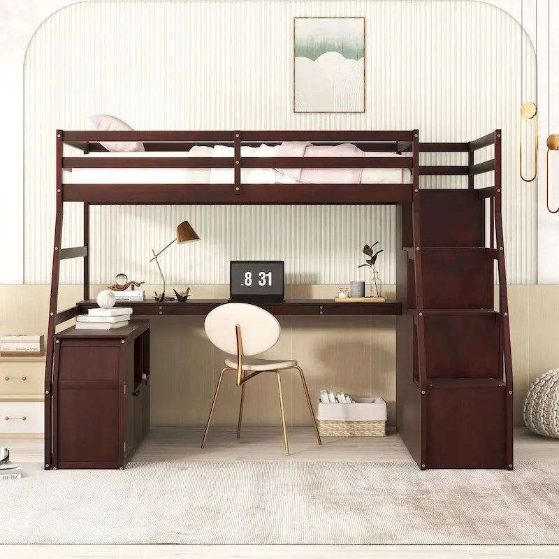 Lit mezzanine une place avec 7 tiroirs, 2 étagères et bureau