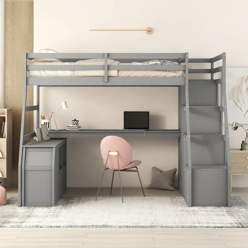 Lit mezzanine une place avec 7 tiroirs, 2 étagères et bureau