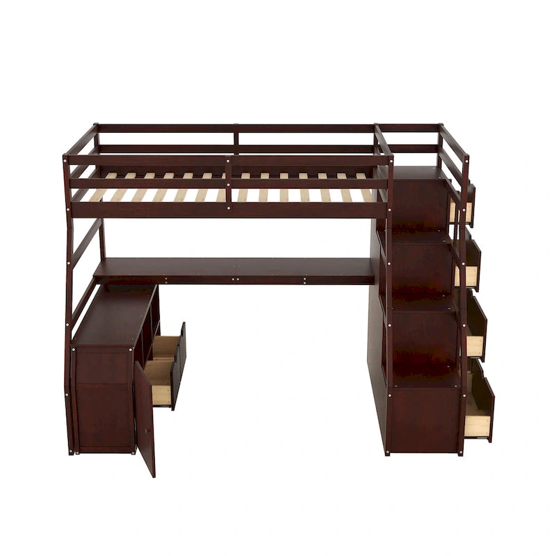 Lit mezzanine une place avec 7 tiroirs, 2 étagères et bureau
