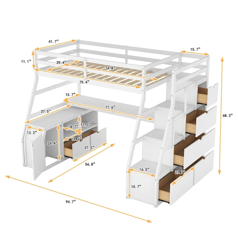 Lit mezzanine une place avec 7 tiroirs, 2 étagères et bureau