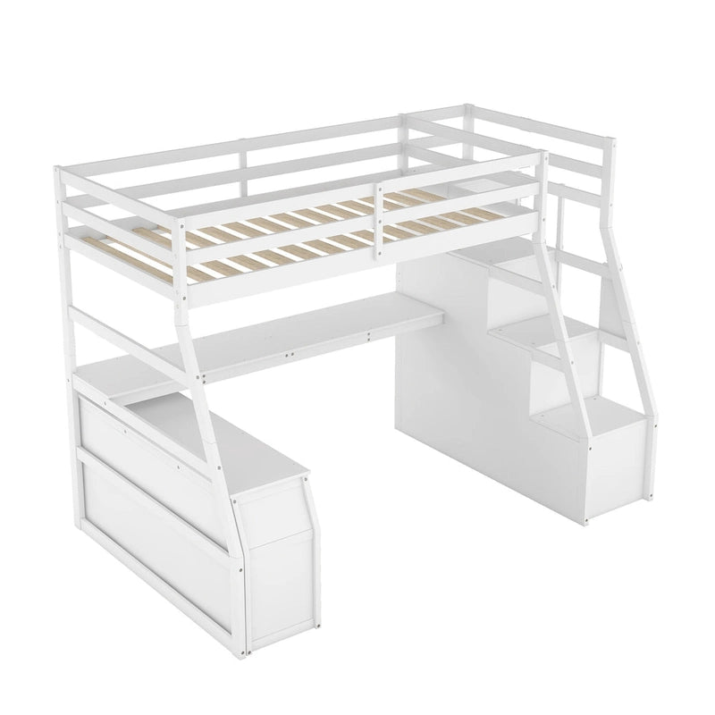 Lit mezzanine une place avec 7 tiroirs, 2 étagères et bureau