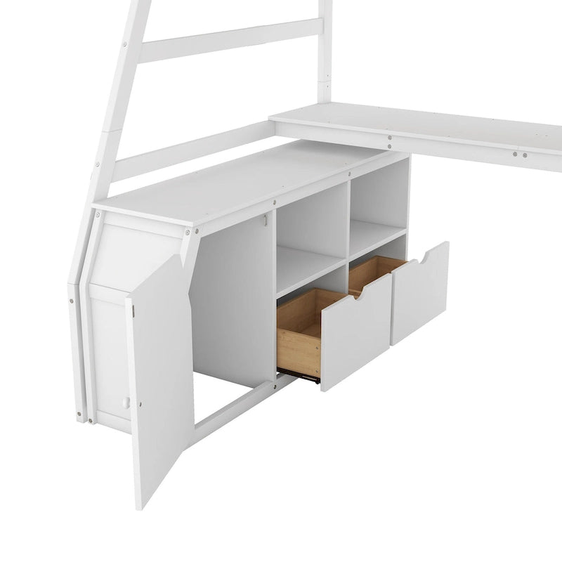 Lit mezzanine une place avec 7 tiroirs, 2 étagères et bureau