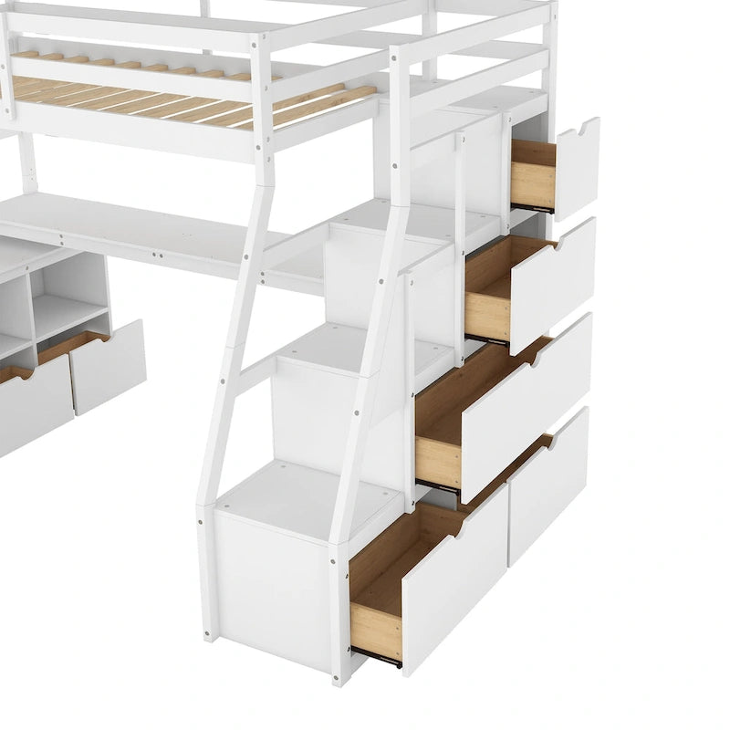 Lit mezzanine une place avec 7 tiroirs, 2 étagères et bureau