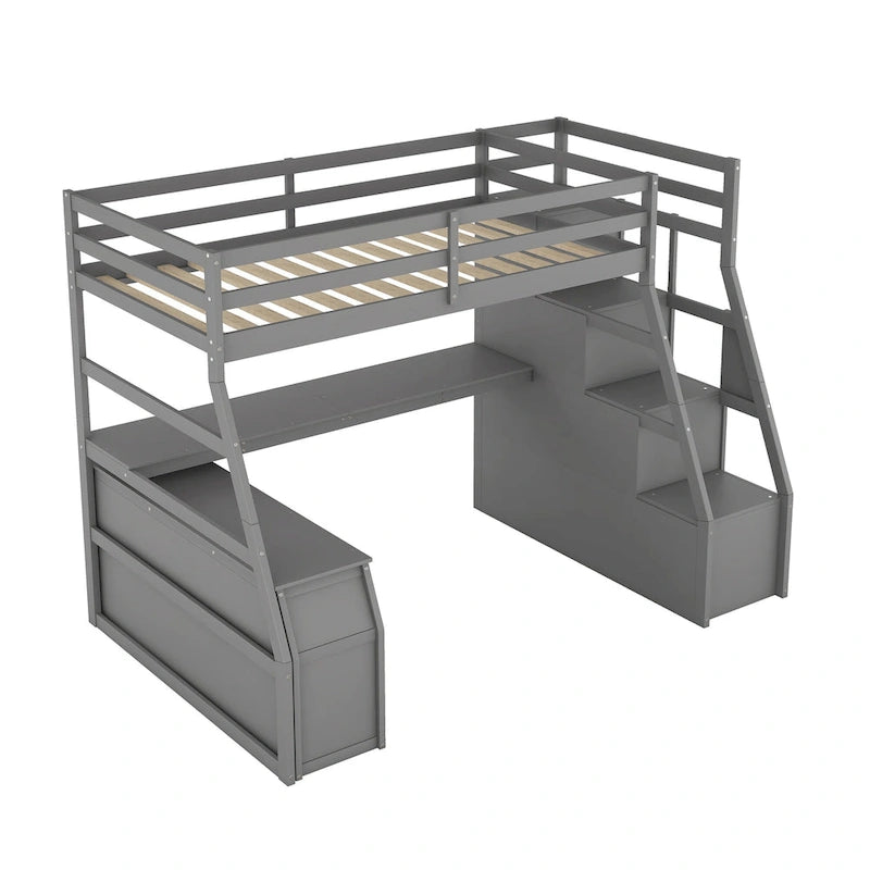 Lit mezzanine une place avec 7 tiroirs, 2 étagères et bureau
