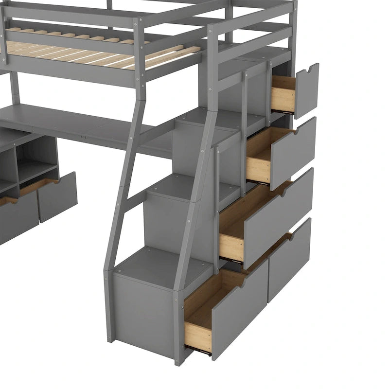 Lit mezzanine une place avec 7 tiroirs, 2 étagères et bureau