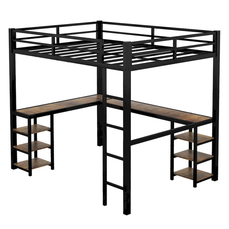 Lit mezzanine en métal Full XL avec bureau et étagères