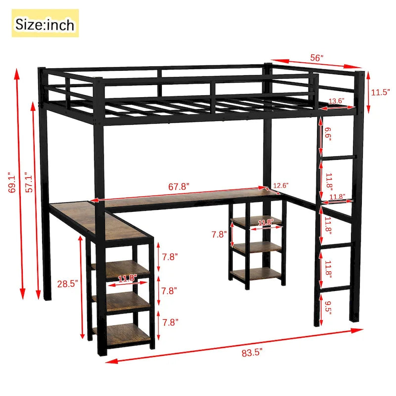 Lit mezzanine en métal Full XL avec bureau et étagères