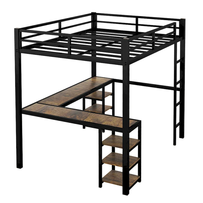 Lit mezzanine en métal Full XL avec bureau et étagères