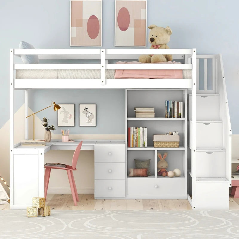 Lit mezzanine double avec bureau en L et tiroirs, armoire et escalier de rangement