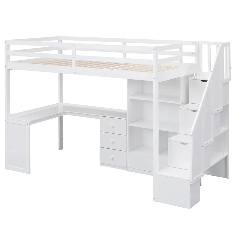 Lit mezzanine double avec bureau en L et tiroirs, armoire et escalier de rangement