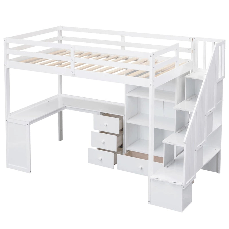 Lit mezzanine double avec bureau en L et tiroirs, armoire et escalier de rangement