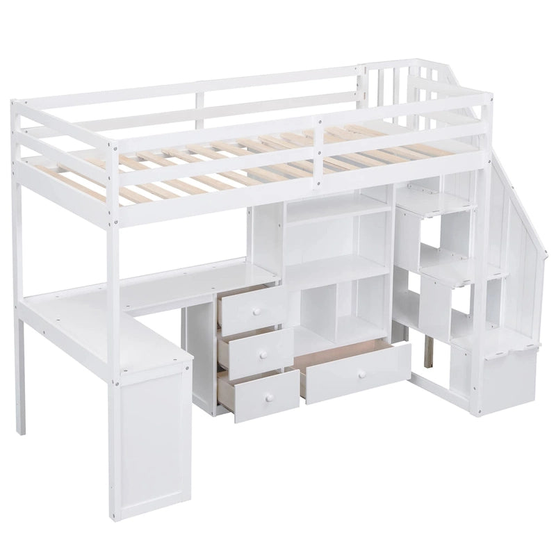 Lit mezzanine double avec bureau en L et tiroirs, armoire et escalier de rangement