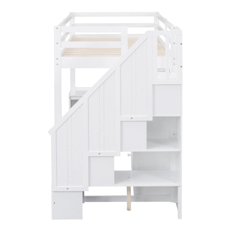 Lit mezzanine double avec bureau en L et tiroirs, armoire et escalier de rangement