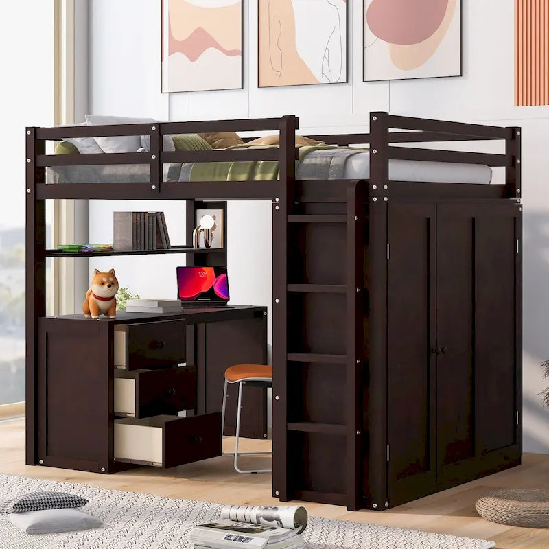 Lit mezzanine pleine grandeur avec tiroirs, bureau et armoire