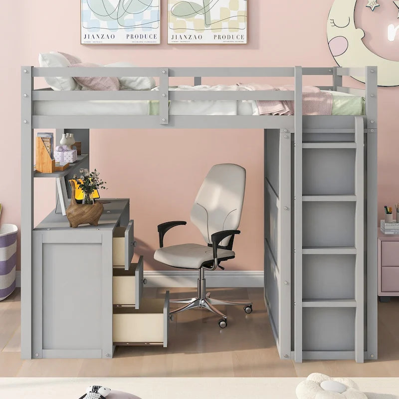 Lit mezzanine pleine grandeur avec tiroirs, bureau et armoire