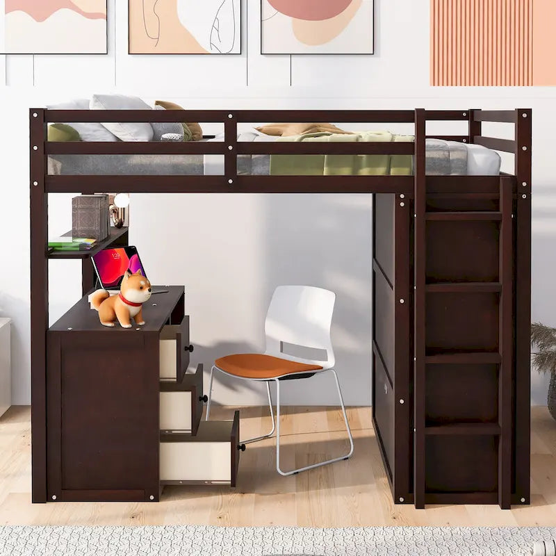 Lit mezzanine pleine grandeur avec tiroirs, bureau et armoire