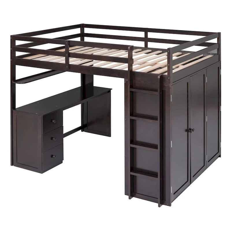 Lit mezzanine pleine grandeur avec tiroirs, bureau et armoire
