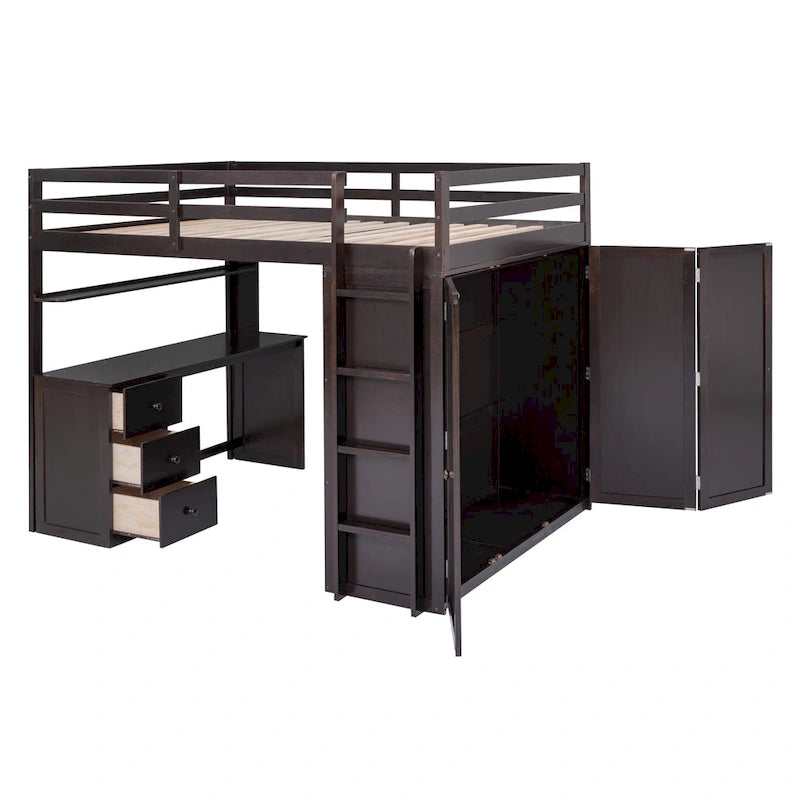 Lit mezzanine pleine grandeur avec tiroirs, bureau et armoire