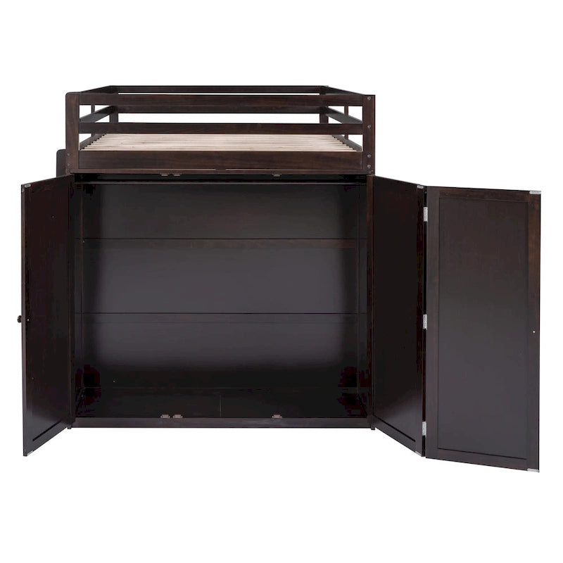Lit mezzanine pleine grandeur avec tiroirs, bureau et armoire