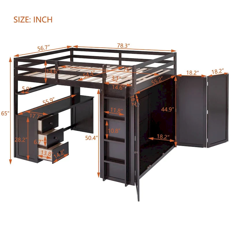 Lit mezzanine pleine grandeur avec tiroirs, bureau et armoire