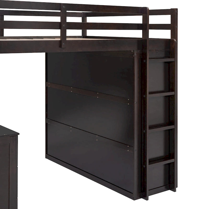 Lit mezzanine pleine grandeur avec tiroirs, bureau et armoire