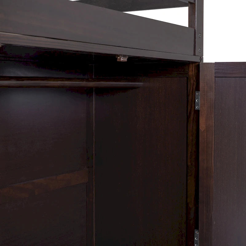 Lit mezzanine pleine grandeur avec tiroirs, bureau et armoire