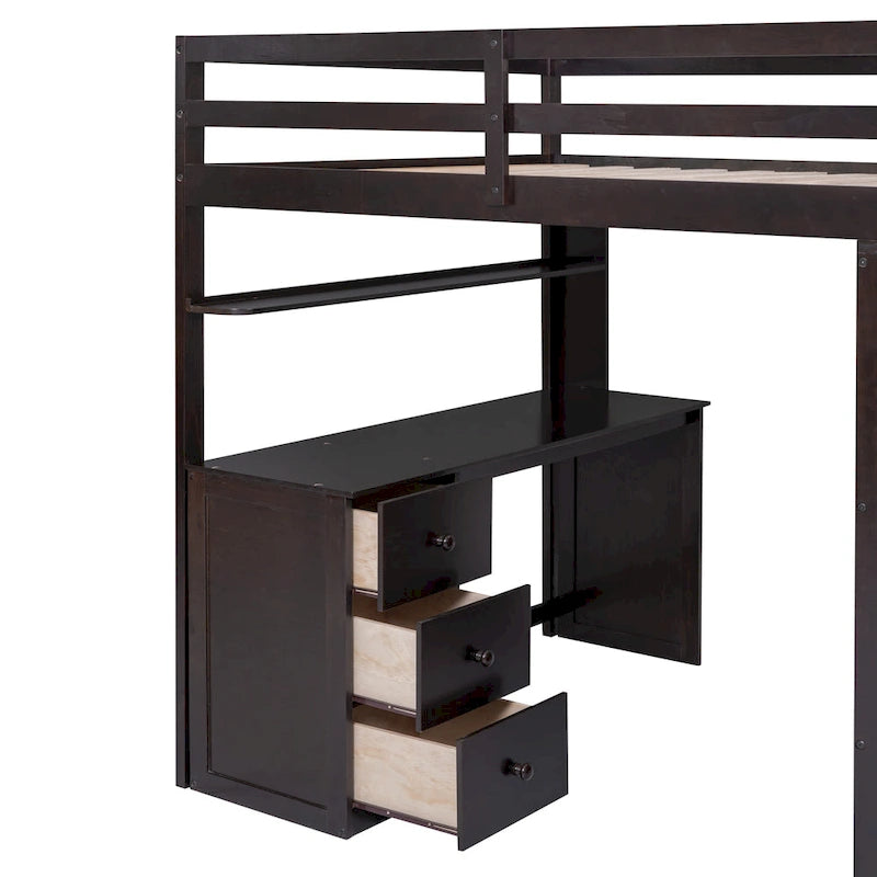 Lit mezzanine pleine grandeur avec tiroirs, bureau et armoire