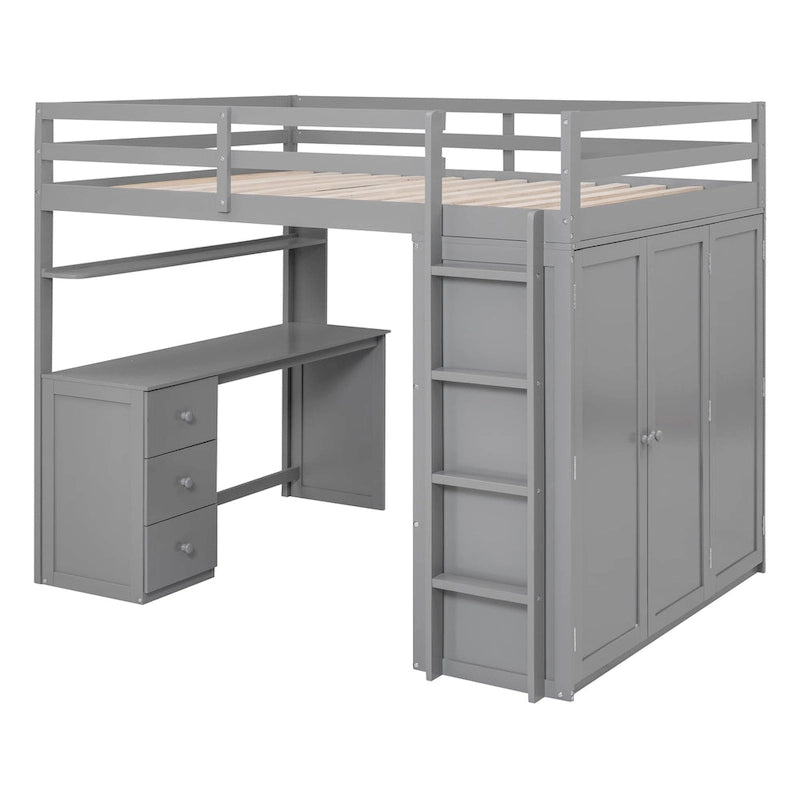 Lit mezzanine pleine grandeur avec tiroirs, bureau et armoire