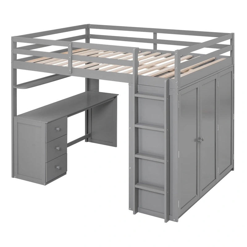 Lit mezzanine pleine grandeur avec tiroirs, bureau et armoire